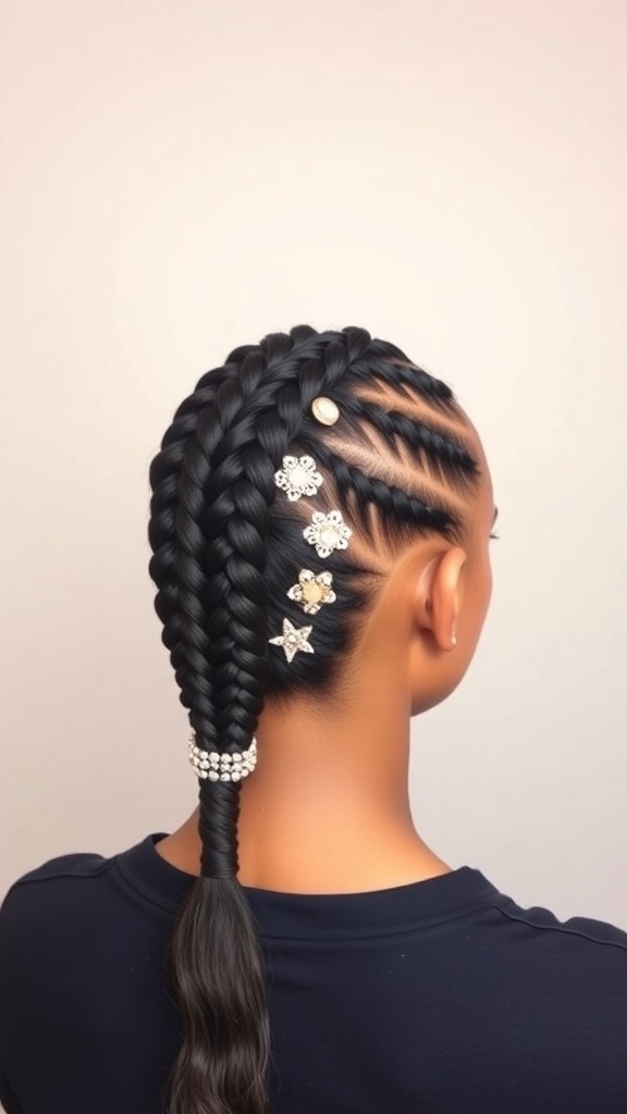 A close-up of a cornrow ponytail with neat braids and a sleek finish.